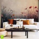 Fototapeta na wymiar - Kwiatowa Łąka o Zachodzie – Nastrojowa dekoracja do jadalni, sypialni,  styl vintage, kolorowe kwiaty, ciemne tło z efektem mgły