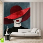 Fototapeta na wymiar - Kobieta w Czerwonym Kapeluszu – Elegancka dekoracja do salonu, styl glamour i nowoczesny, portret artystyczny, modna ściana w kolorze grafitu i czerwieni