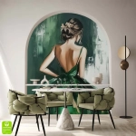 Fototapeta na wymiar - Kobieta w Szmaragdowej Sukni – Elegancka dekoracja do salonu, styl glamour i artystyczny, malarski portret, nowoczesna ściana w kolorze ciemnej zieleni