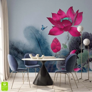 Fototapeta na wymiar - Lilie wodne - Nowoczesna dekoracja do jadalni, salonu, styl japoński i nowoczesny, kwiaty lilii i motyl, szaroniebieski mural z akcentem fuksji