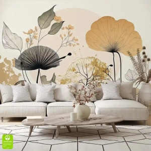 Fototapeta na wymiar: Beżowe i Czarne Liście Miłorzębu, Styl Boho i Japandi – do salonu sypialni, Beżowo-Czarna, Nowoczesna abstrakcja botaniczna XXL