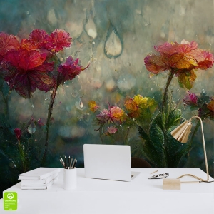 Fototapeta na wymiar: Zjawiskowe Kwiaty w Deszczu – Malarski motyw ogrodu, Styl Romantyczny, Sypialnia i Salon, Odcienie Różu, Zieleni, Niebieskiego