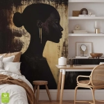 Fototapeta na wymiar - Kobiecy Profil – Portret kobiety w stylu artystycznym, dekoracja glamour, kolor złota i czerń, mural do sypialni, luksusowa ściana akcentowa