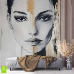 Fototapeta na wymiar - Złota Harmonia – Artystyczny portret twarzy, styl glamour i nowoczesny, czarno-biały mural z pasem w kolorze złota, luksusowa dekoracja do salonu