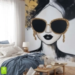 Fototapeta na wymiar - Złota Ikona – Nowoczesny portret kobiety w okularach, styl glamour, czarno-biały mural, luksusowa dekoracja do sypialni