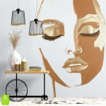 Fototapeta na wymiar - Złoty Makijaż – Artystyczny portret twarzy, styl boho i glamour, beżowy mural do sypialni, nowoczesna dekoracja ścienna w kolorach ziemi