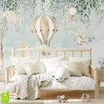 Fototapeta na wymiar: Balon i zwierzątka – Styl Skandynawski i Boho, Fototapeta do pokoju niemowlaka i dziecka, Miętowo-Beżowa, Pastelowa ilustracja XXL