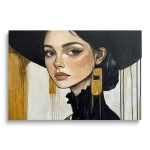 Obraz na szkle - Złota Elegancja – Portret kobiety w czarnym kapeluszu