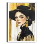 Plakat - Złota Elegancja – Portret kobiety w czarnym kapeluszu