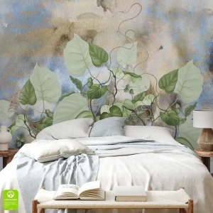 Fototapeta na wymiar Zielone Liście Akwarela – Beżowo-niebieska, Sypialnia i Salon, Styl Boho i Nowoczesny