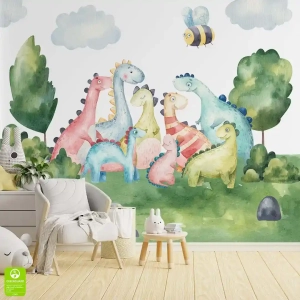 Fototapeta dinozaury bajkowe pastelowe dla dzieci na wymiar — pokój dziecięcy przedszkole, akwarela ilustracja, kolorowa