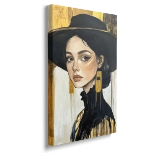 Obraz na płótnie - Złota Elegancja – Portret kobiety w czarnym kapeluszu