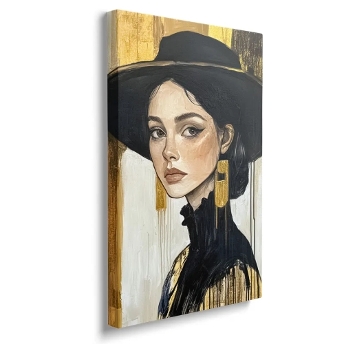 Obraz-na-plotnie-pion-bok-zlota-elegancja-portret-kobiety-w-czarnym-kapeluszu_web.webp