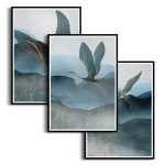 Zestaw 3 plakatów - Żurawie w Locie - Nowoczesne Obrazy do Salonu i Sypialni, Styl Orientalny i Nowoczesny - Granat, Błękit i Kolor Złota