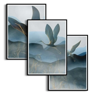 Zestaw 3 plakatów - Żurawie w Locie - Nowoczesne Obrazy do Salonu i Sypialni, Styl Orientalny i Nowoczesny - Granat, Błękit i Kolor Złota