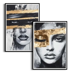 Zestaw 2 plakatów - Złote spojrzenie - Portrety Kobiet - Nowoczesne Obrazy do Salonu i Sypialni, Styl Glamour i Nowoczesny - Czerń, Szary i Kolor Złota