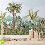 Fototapeta na wymiar: Egzotyczne Safari i Zwierzęta Dżungli – Styl Boho i Skandynawski, Fototapeta do pokoju dziecięcego, Pastelowa Zieleń i Beż, Ilustrowany las tropikalny XXL