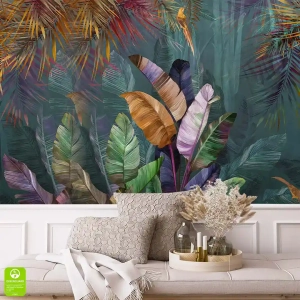 Fototapeta na wymiar: Egzotyczne Liście Palmy i Bananowca – Styl Tropikalny i Nowoczesny, Fototapeta do salonu i sypialni, Ciemnozielona z fioletem, Natura 3D XXL