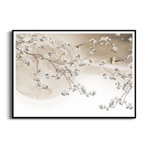 Plakat - Kwitnące kwiaty wiśni na tle księżyca, orientalny motyw w stylu vintage