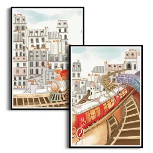 Zestaw 2 plakatów -  Czerwony Pociąg i Miasteczko – Kolorowa dekoracja do pokoju dziecka, styl retro, bajkowa stacja