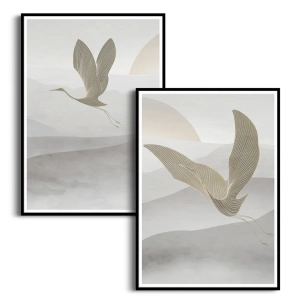 Zestaw 2 plakatów -  Żurawie w locie na tle wzgórz i zachodzącego słońca