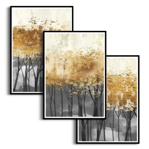 Zestaw 3 plakatów - Abstrakcja złoty las – Nowoczesna dekoracja do salonu, styl glamour i industrialny, elegancka sypialnia