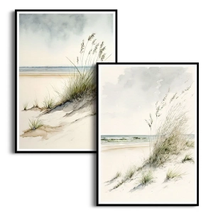 Zestaw 2 plakatów - Nadmorskie Wydmy i Plaża - Nowoczesne Obrazy do Salonu i Sypialni, Styl Skandynawski i Boho - Beż, Piaskowy i Błękit