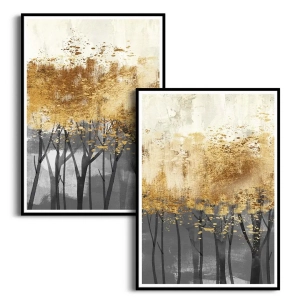     Zestaw 2 plakatów - Abstrakcja złoty las – Nowoczesna dekoracja do salonu, styl glamour i industrialny, elegancka sypialnia 