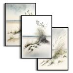 Zestaw 3 plakatów - Wydmy i Plaża nad Morzem - Nowoczesne Obrazy do Salonu i Sypialni, Styl Skandynawski i Boho - Beż, Piaskowy i Szałwiowa Zieleń