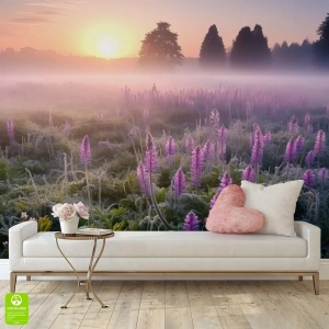 Fototapeta lawenda łąka wschód słońca mgła na wymiar — do sypialni salonu, styl romantyczny prowansalski, fioletowa różowa