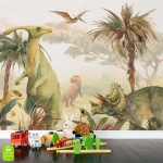 Fototapeta dinozaury akwarela dla dzieci na wymiar — pokój dziecięcy chłopięcy przedszkole, T-Rex prehistoryczna dżungla, beżowa zielona, styl vintage
