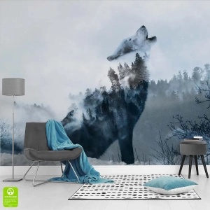 Fototapeta wilk las we mgle na wymiar — do salonu sypialni pokoju młodzieżowego, styl loft industrialny, szara niebieska