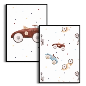 Zestaw 2 plakatów dla dzieci - Autka Retro - Obrazy do Pokoju Chłopca, Styl Skandynawski, Boho i Vintage - Beż, Brąz i błękit