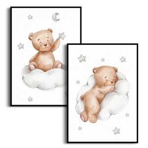 Zestaw 2 plakatów dla dzieci - Misie na Chmurkach i Gwiazdki - Obrazy do Pokoju Dziecka i Niemowlaka, Styl Skandynawski i Boho - Beż, Brąz i Szarość