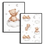 Zestaw 2 plakatów dla dzieci - Miś na Chmurce i Śpiące Misie - Obrazy do Pokoju Dziecka, Styl Skandynawski i Boho - Beż, Brąz i Delikatna Szarość