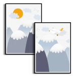 Zestaw 2 plakatów dla dzieci - Góry, Samolot i Słońce - Obrazy do Pokoju Chłopca, Styl Skandynawski i Nowoczesny - Niebieski, Szary i Żółty