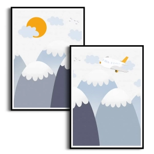 Zestaw 2 plakatów dla dzieci - Góry, Samolot i Słońce - Obrazy do Pokoju Chłopca, Styl Skandynawski i Nowoczesny - Niebieski, Szary i Żółty