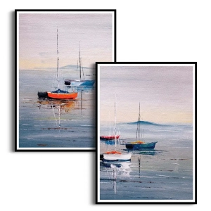 Zestaw 2 plakatów - Kolorowe łódki i spokojne morze 
