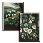 Zestaw 2 plakatów - The Passiflora Cerulea and Persian Cyclamen from The Temple of Flora - R.J. Thornton - Nowoczesne Obrazy do Salonu i Sypialni, Styl Klasyczny i Eklektyczny - Ciemna Zieleń, Biel i Brąz 