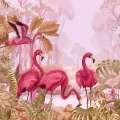 fototapeta-flamingi-w-zamglonej-tropikalnej-roslinnosci-fragment.webp