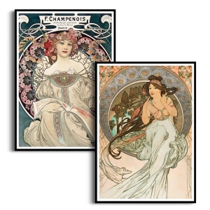 Zestaw 2 plakatów - Woman and Music Alphonse Mucha - Nowoczesne Obrazy do Salonu i Sypialni, Styl Vintage - Beżowy, Szałwiowy i Pastelowy Róż