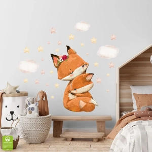 Naklejki na ścianę Liski dla dzieci – Pomarańczowe Liski Gwiazdki Chmurki – Styl Boho do pokoju dziecka, ozdoba do żłobka, przedszkola