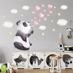 Naklejki na ścianę - Panda z serduszkami – Czarno-biały miś i różowe serca – Nowoczesna dekoracja do pokoju dziecka, kącika zabaw, sypialni