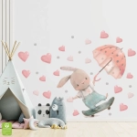 Naklejki na ścianę - Króliczek na deskorolce – Różowy parasol i serduszka – Dekoracja do pokoju dziecka, chłopca i dziewczynki, styl skandynawski i boho