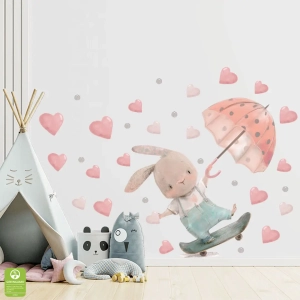 Naklejki na ścianę - Króliczek na deskorolce – Różowy parasol i serduszka – Dekoracja do pokoju dziecka, chłopca i dziewczynki, styl skandynawski i boho