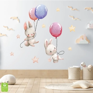 Naklejki na ścianę - Króliczki z balonami – Fioletowy i różowy – Dekoracja do pokoju dziecka, niemowlaka i sypialni, Styl skandynawski i boho