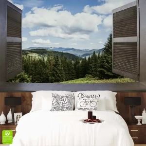 Fototapeta okno z widokiem na góry las na wymiar — do sypialni salonu, efekt 3D okna, styl rustykalny, zielona niebieska, optyczne powiększenie wnętrza