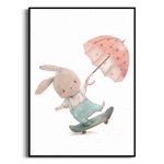 Plakat - Króliczek na deskorolce – Różowy parasol i serduszka – Dekoracja do pokoju dziecka, chłopca i dziewczynki, styl skandynawski i boho