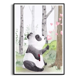 Plakat dla dzieci - Panda w Brzozowym Lesie - Obraz do Pokoju Dziewczynki i Chłopca, Styl Skandynawski i Boho - Biel, Miętowa Zieleń, Róż 