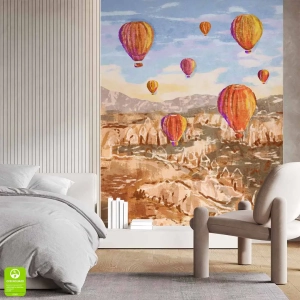 Kolorowa fototapeta na wymiar balony nad górami - słoneczne barwy, do jadalni i salonu, styl boho i nowoczesny, beż i pomarańcz